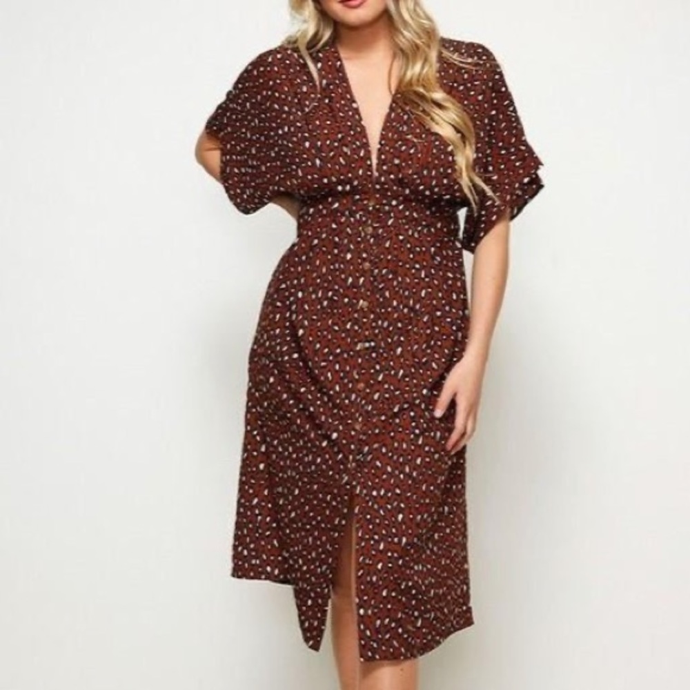 NWT Animal Print Midi Deep V Neck Vacation Beach Women Dress